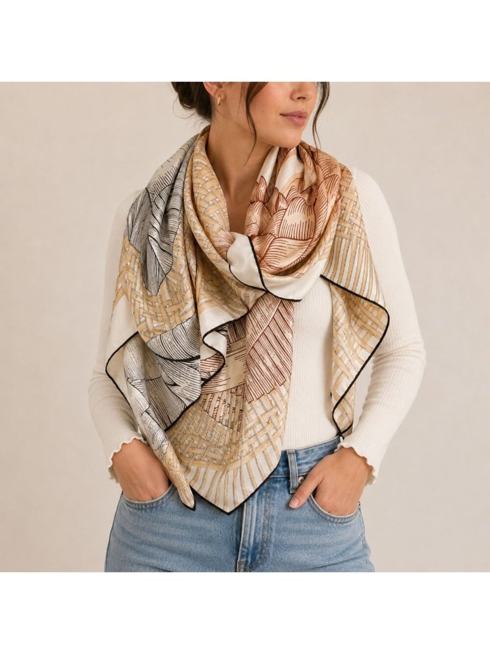 Equestrian Print Wool Feel Square Scarf Beige Brown 50" Wrap Quiet Luxury